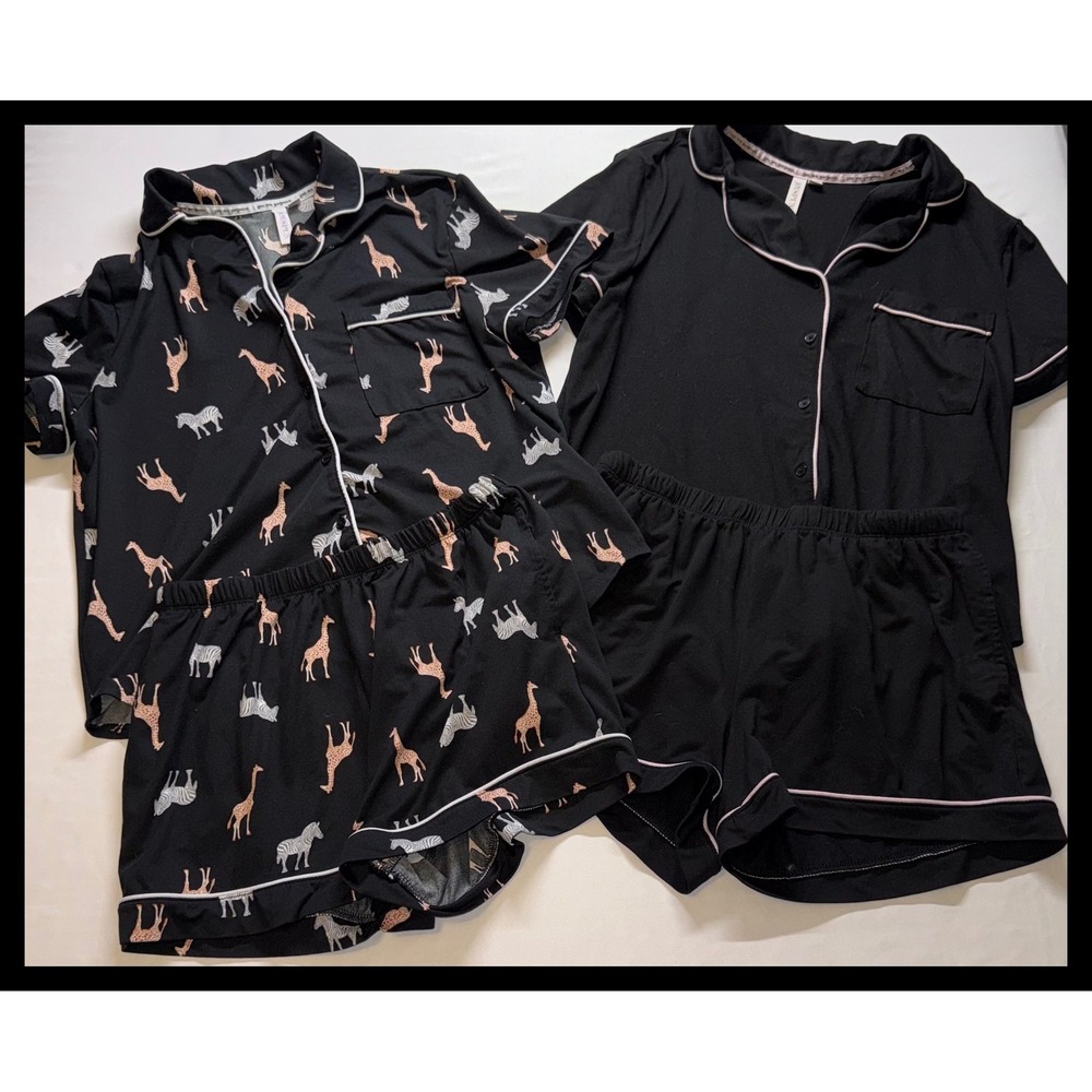 Joyspun Pajama Set Womens Medium Black Pink Trim Short Sleeve Button Up Shorts